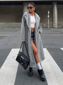 SHEIN EZwear Áo khoác thường ngày dài tay mềm mại cơ bản cho nữ, mùa đông - Xám - Xem 5