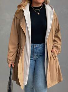 SHEIN LUNE 大码女式冬季纯色长袖二合一保暖内衬腰部抽绳连帽夹克冬季服装 - 卡其色 - 查看 8