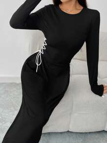 Modelyn 女士圆领长袖拼色前系带修身连衣裙 - 黑色 - 查看 3