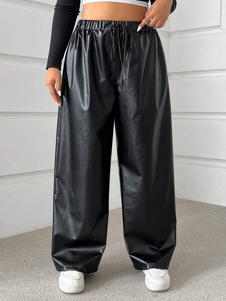 SHEIN EZwear 大码黑色 PU 抽绳休闲宽松裤 - 黑色 - 查看 1