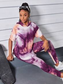 SHEIN Teen Girl 2pcs/Set Teen Girls' Tie Dye Hoodie Short Sleeve T-Shirt And Pants Casual Outfit