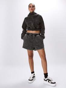 MUSERA Washed Extreme High Neck Cropped Zip Through Hoodie - Black - View 3