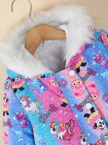 SHEIN Girls Casual Fashion Hooded Fur Collar Long Sleeve Mid-Length Loose Cartoon Gradient Print Thickened Warm Autumn Winter Jacket