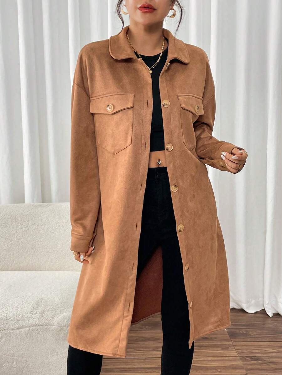 SHEIN Privé Elegant Casual Khaki Faux Suede Drop Shoulder Hooded Coat For Fall Winter - Khaki - View 1