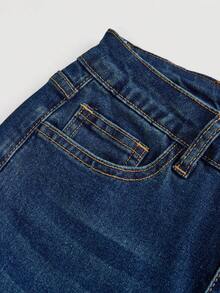 青少年女孩纯色贴身口袋喇叭腿牛仔裤 - 深色水洗藍 - 查看 4