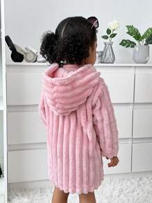 SHEIN Explorewe 2pcs Baby Girls' Winter Solid Color Fluffy Hooded Jacket & Sleeveless Dress Set - Apricot - View 2