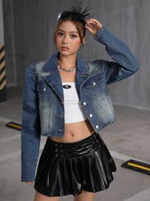 SHEIN 青少年女孩 Y2K 时尚复古水洗翻领泡泡袖直肩牛仔夹克翻盖细节短款西装外套，女孩秋装返校装 - 中等水洗藍 - 查看 1