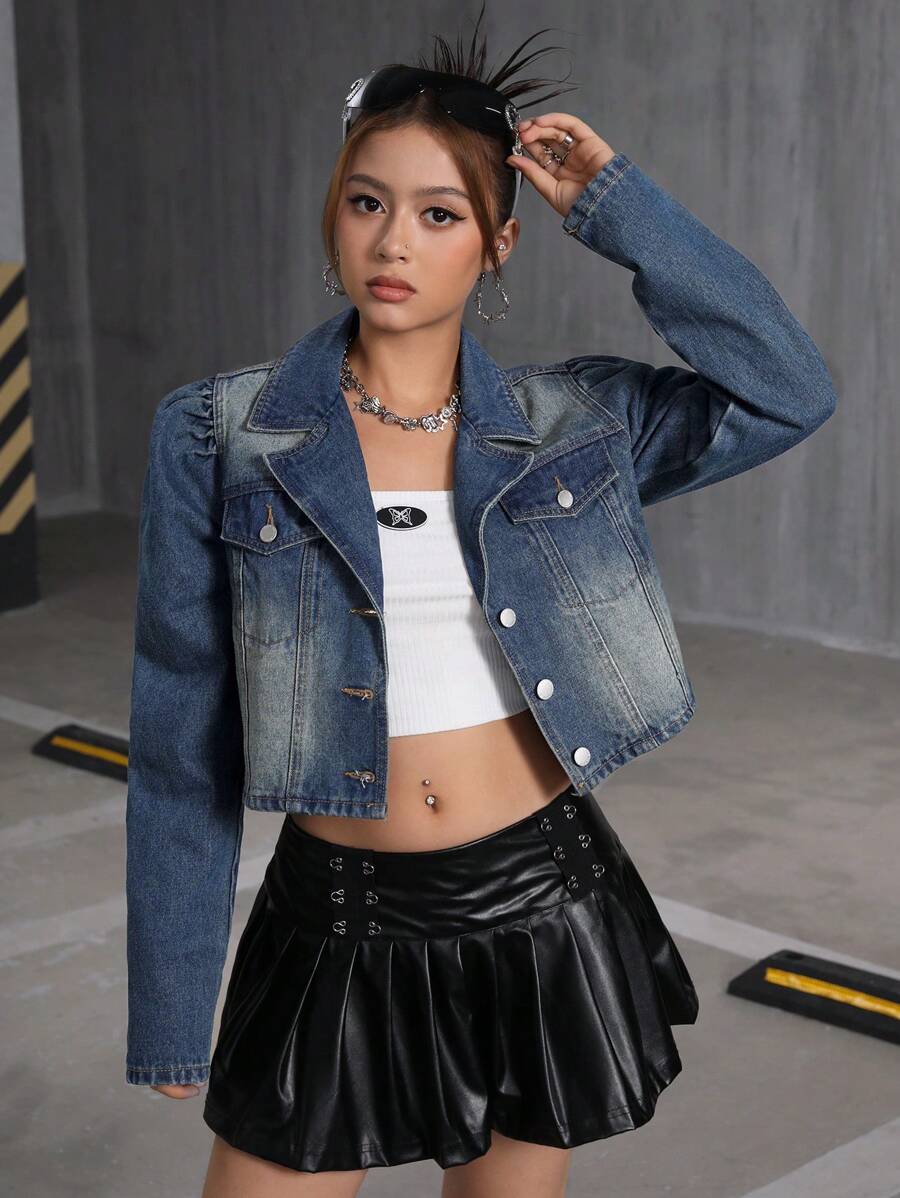 SHEIN 青少年女孩 Y2K 时尚复古水洗翻领泡泡袖直肩牛仔夹克翻盖细节短款西装外套，女孩秋装返校装 - 中等水洗藍 - 查看 1