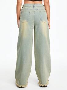 ROMWE Grunge Punk 街頭風格復古寬鬆直筒工藝洗水牛仔褲,磨損洗水和破洞邊緣處理