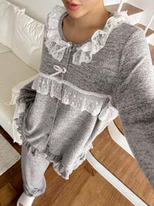 DAZY Sweet Bow Accent Floral Trim Pajama Set - Grey - View 1