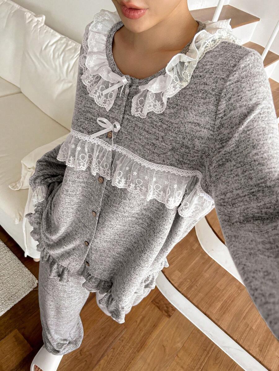 DAZY Sweet Bow Accent Floral Trim Pajama Set - Grey - View 1