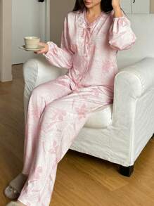 DAZY 全身花卉印花系带睡衣套装 - 粉色 - 查看 1