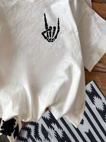 Attitoon Casual Round Neck Black Rock Hand Gesture Print Fitted Women T-Shirt, Cotton Blend, Suitable For Summer - White - View 5