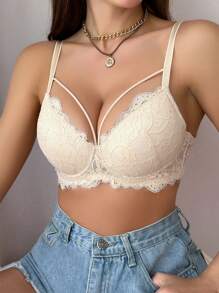 女士蕾丝撞色镂空细肩带文胸