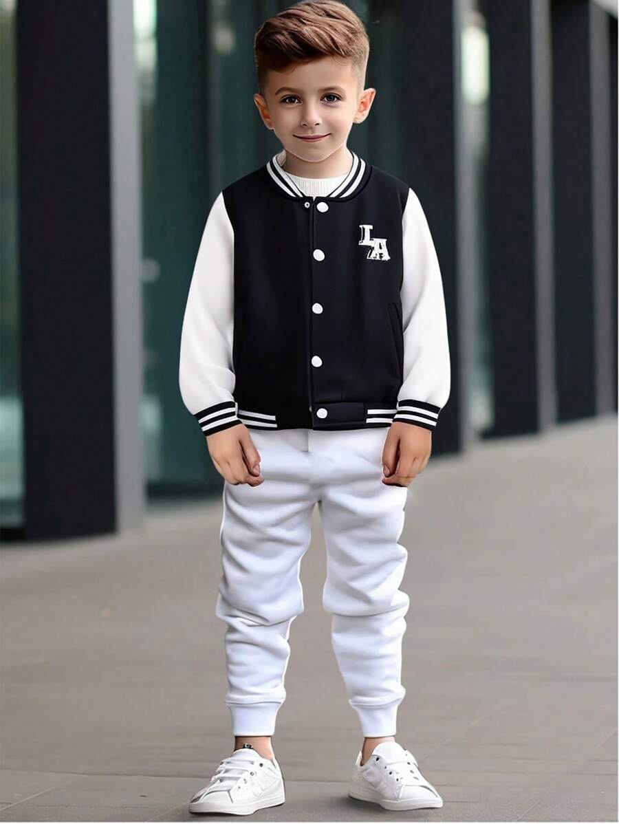 SHEIN Áo khoác dài tay in họa tiết sọc cổ Varsity cho bé trai màu tương phản phía trước - Đen và trắng - Xem 1