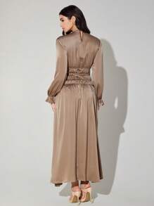 Veilorie Women Plain Round Neck Long Sleeve Pleated Minimalist Casual Arabian Modest Dress - Coffee Brown - View 5