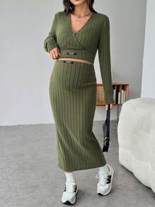 SHEIN Maternity Women's Letter Patched Long Sleeve Cropped Top & Bodycon Skirt 2Pcs Set - Green - View 3