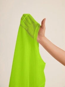 SHEIN Core Rhythm 纯色网眼透明短袖运动T恤健身房女式衬衫 - 黃色 - 查看 5
