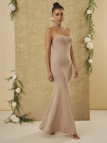 Hauture Solid Color Strapless Elegant Fishtail Sleeveless Dress - Khaki - View 4