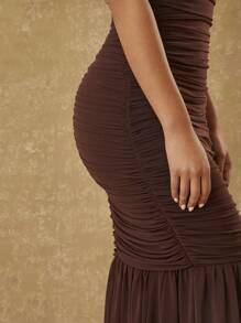 Hauture V Neck Ruched Mesh Sleeveless Dress - Coffee Brown - View 7