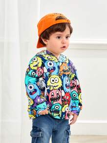 SHEIN Baby Boy Unisex Casual Cute Funny Monster Print Hooded Sweatshirt, Loose Fit, Suitable For Spring & Fall Wear, Suitable For Indoor And Outdoor