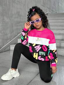 SHEIN Explorewe Bộ 2 quần nỉ và quần legging in chữ nhiều màu cho bé gái tuổi mới lớn - Nhiều màu - Xem 4