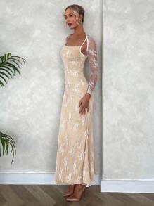 SHEIN Privé Damska biała koronkowa sukienka na ramiączkach spaghetti z długim rękawem i bolerkiem - Biały - Zobacz 5