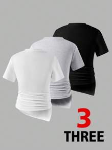 SHEIN 3pcs/Set Tween Girls' Summer Casual Solid Color Ruched Asymmetric Hem T-Shirts - Multicolor - View 2