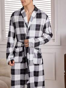 Men's Plaid Print Waist Tie Long Sleeve Robe - Multicolor - View 5