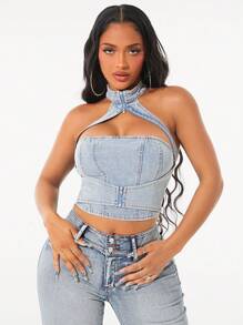 SHEIN SXY Summer Sexy Zipper Hollow Out Back Halter Denim Top - Light Wash - View 2