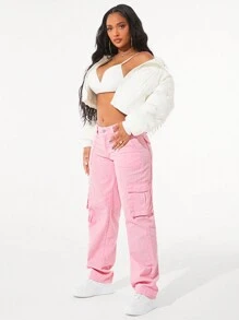 SHEIN SXY 休闲纯色工装牛仔裤 - 粉色 - 查看 5