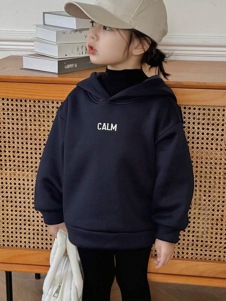 Young Girls Knitted Hooded Fleece Sweatshirt With Letter Print, Fall Clothes,Winter