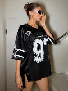 SHEIN ICON Váy thể thao nữ mùa hè Y2k cổ chữ V sâu, lưới ghép, đinh tán phủ miếng vá số, váy thể thao dáng rộng phong cách đường phố - màu đen - Xem 4