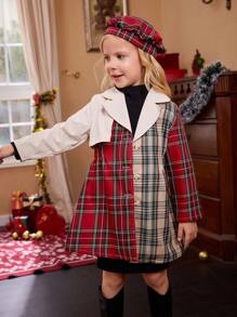 SHEIN 1pc 圣诞节年轻女孩休闲通勤杏色拼接红色格子和卡其色格子不对称设计腰部收腰外套套装配贝雷帽，秋季