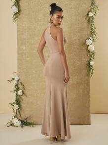 Hauture Solid Color Strapless Elegant Fishtail Sleeveless Dress - Khaki - View 2