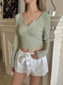 SHEIN EZwear Long Sleeve V-Neck Solid Color Cropped Women T-Shirt - Green - View 4