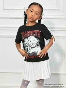 Marilyn Monroe X SHEIN Young Girl 1pc Black Casual Versatile English Letter & Figure Print Crew Neck Short Sleeve T-Shirt