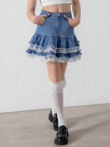 Váy denim cho bé gái tuổi teen có ren, thiết kế mềm mại dễ thương có lót, phong cách giản dị và thời trang mới - Rửa trung bình - Xem 3