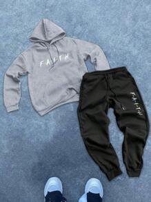 Manfinity Homme Men Letter Graphic Kangaroo Pocket Drawstring Hoodie & Sweatpants - Grey - View 1