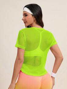 SHEIN Core Rhythm 纯色网眼透明短袖运动T恤健身房女式衬衫 - 黃色 - 查看 2
