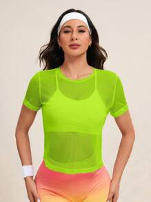 SHEIN Core Rhythm 纯色网眼透明短袖运动T恤健身房女式衬衫 - 黃色 - 查看 4