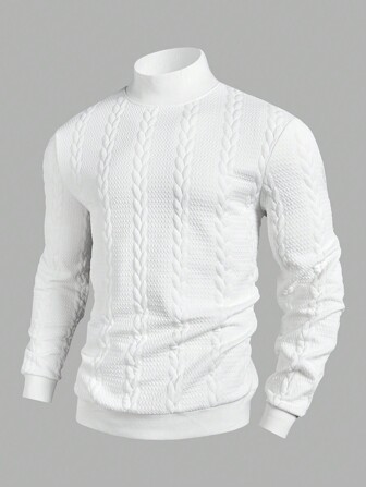 Manfinity Mode 1 pieza Sudadera casual de cuello alto y unicolor para hombre, sudadera de manga larga blanca para ejercicio en otoño, regalo para amigos, esposo o novio