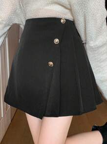 DAZY 纯色不对称褶裥前襟纽扣优雅黑色半身裙，女士秋冬服装半身裙 - 黑色 - 查看 4