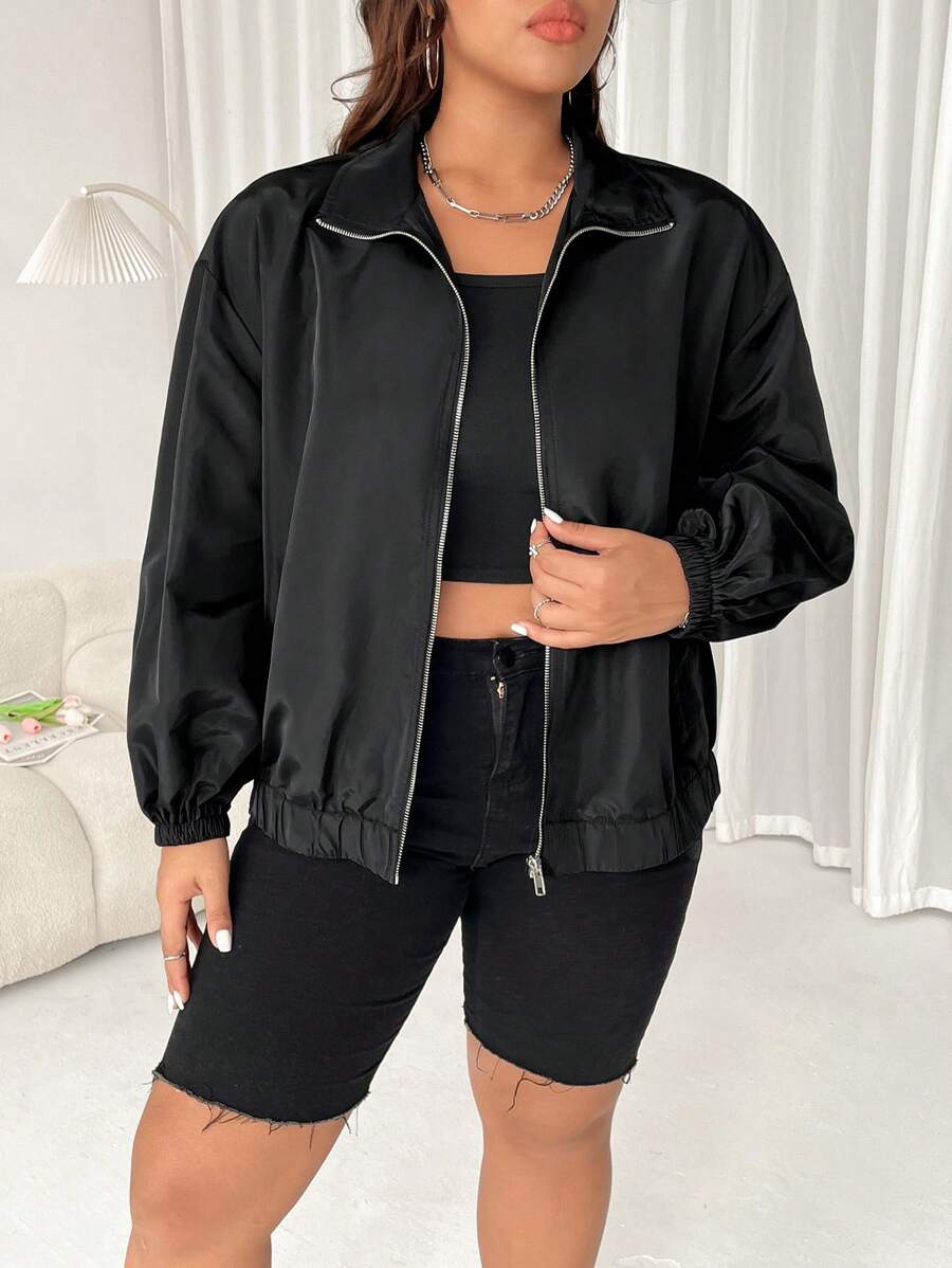 SHEIN EZwear Plus Size Solid Color Zip-Up Casual Jacket - Black - View 1