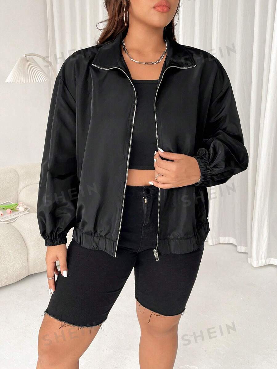 SHEIN EZwear Chaqueta casual con cremallera de unicolor talla grande