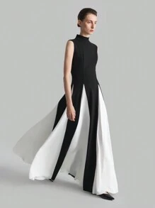Ontre Women's 2025 Spring New Arrival Stand Collar Sleeveless Black&White Patchwork Dress, Elegant Fashion Party Gown