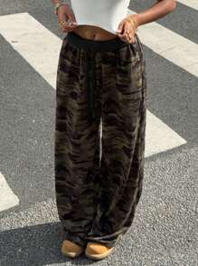 Muchica Women's Camouflage Knitted Wide Leg Casual Street Pants