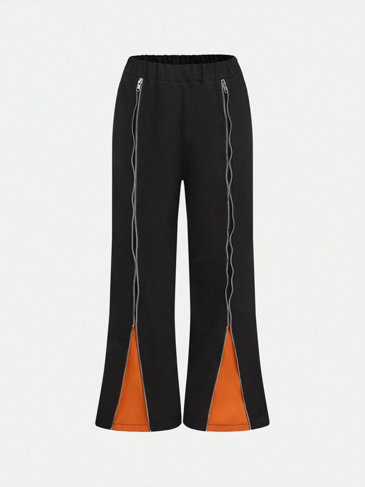 Pantalones rectos de pierna ancha con cierre de cremallera para niños preadolescentes - Negro - Ver 3