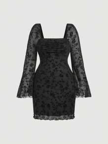 SHEIN MOD Plus Size Square Neck Floral Flocked Ruffle Flare Sleeve Mini Dress - Black - View 1