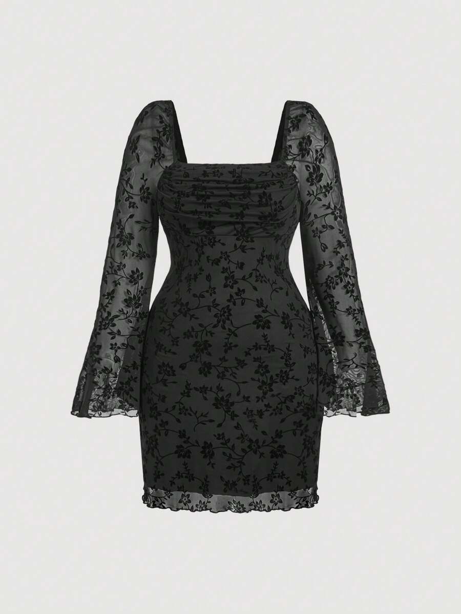 SHEIN MOD Plus Size Square Neck Floral Flocked Ruffle Flare Sleeve Mini Dress - Black - View 1
